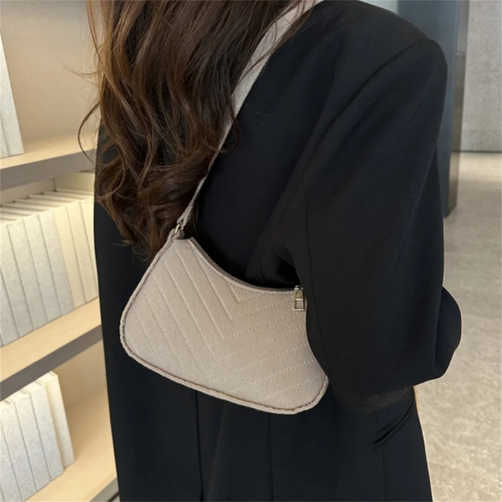 Felt Mini Underarm Shoulder Bag for Women 2024 — Solid Color Lightweight Casual Handbag Pouch